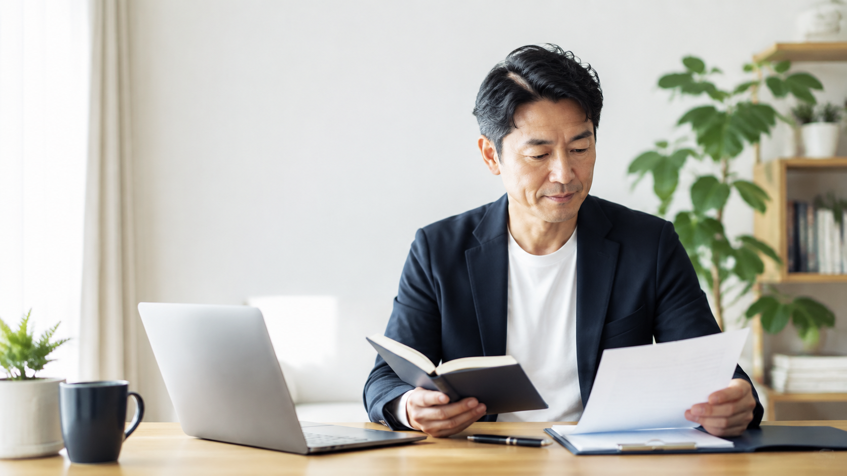 40代の転職面接に向けてノートを見ながら準備するビジネスパーソ