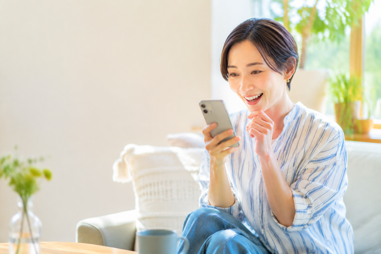 自宅でスマホを見ながらAIを気軽に試す40代女性