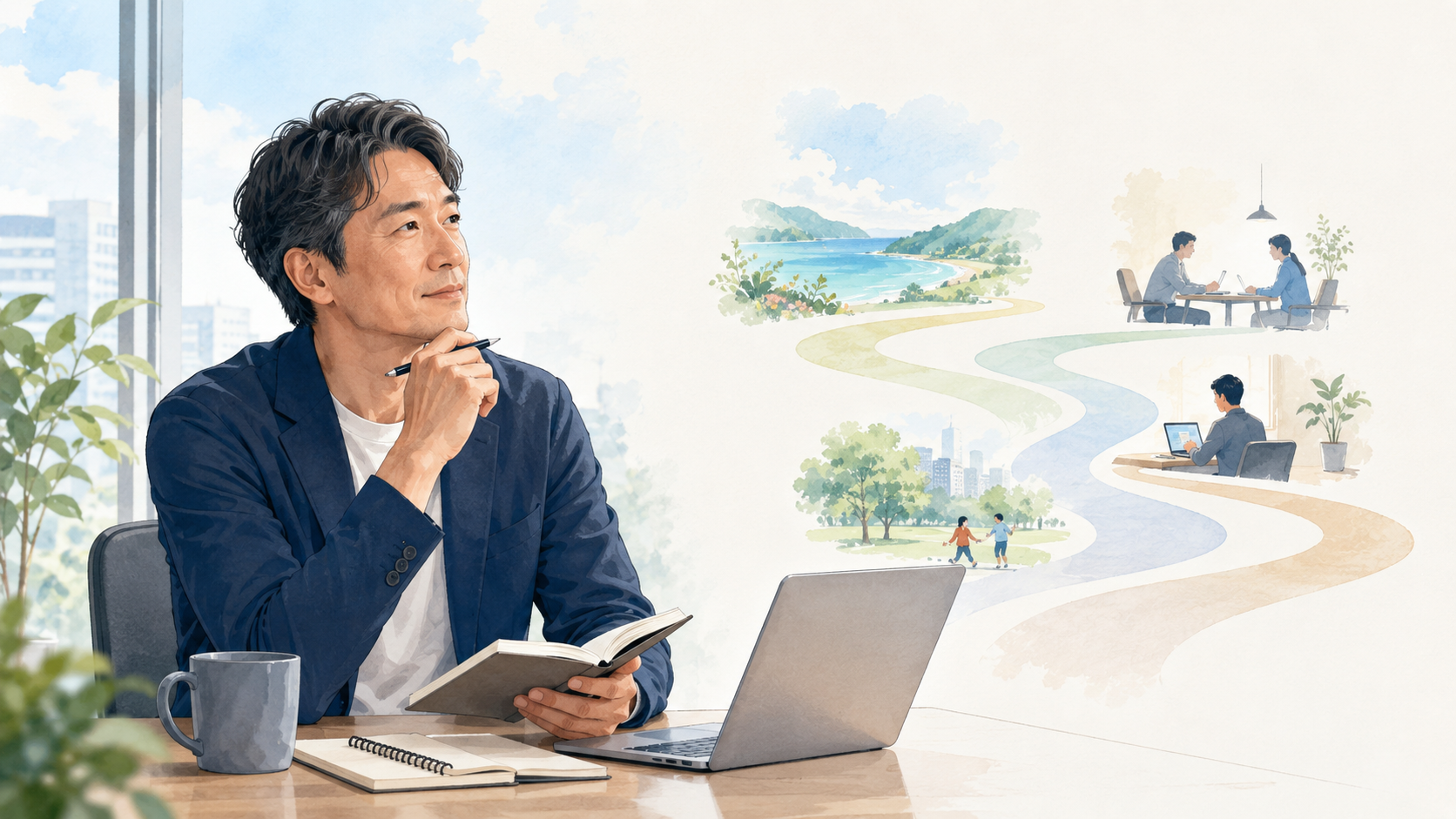 40代の会社員が退職や転職など今後のキャリアを考えているイラスト