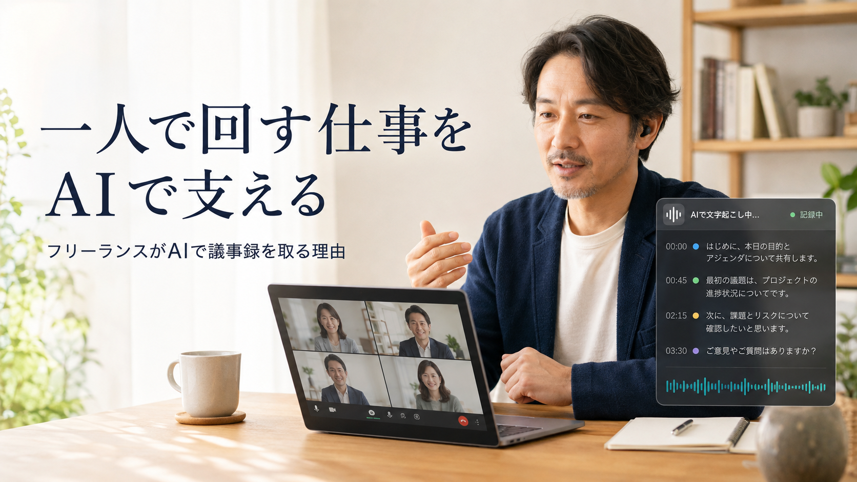 オンライン会議でAI文字起こしを活用するフリーランスの仕事風景