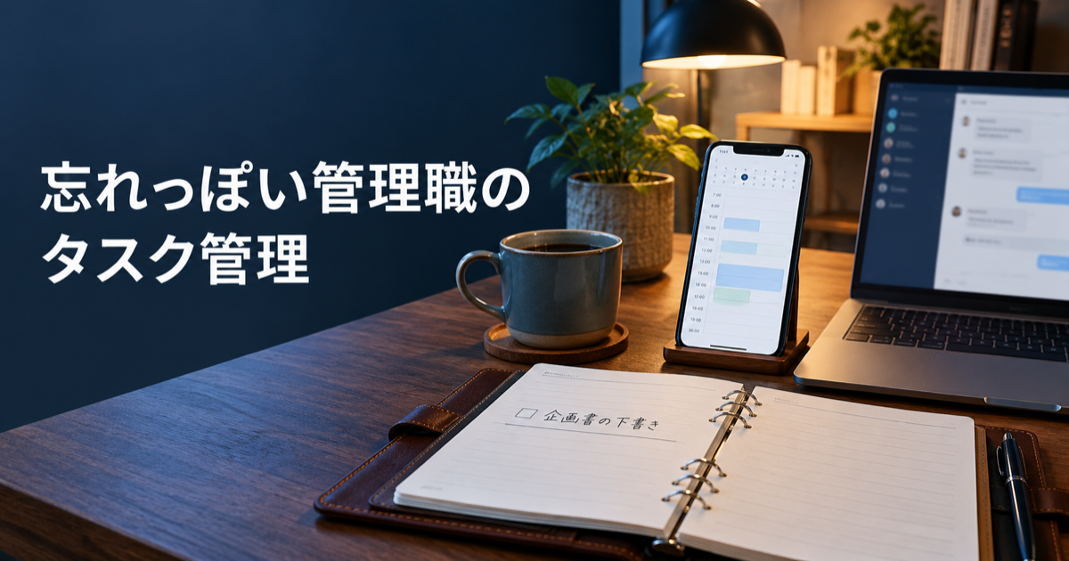 紙の手帳、iPhoneのカレンダー、チームチャット画面があるデスク。忘れっぽい管理職のタスク管理を表すイメージ