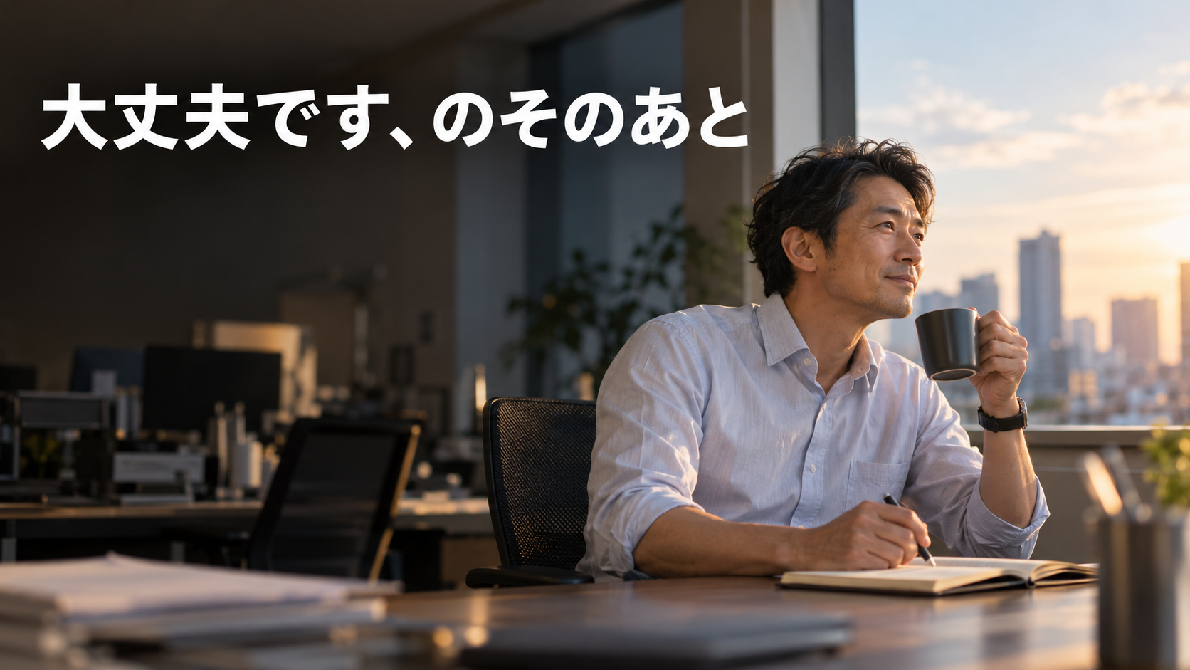 仕事の出来事を振り返りながら静かに休憩する40代男性会社員