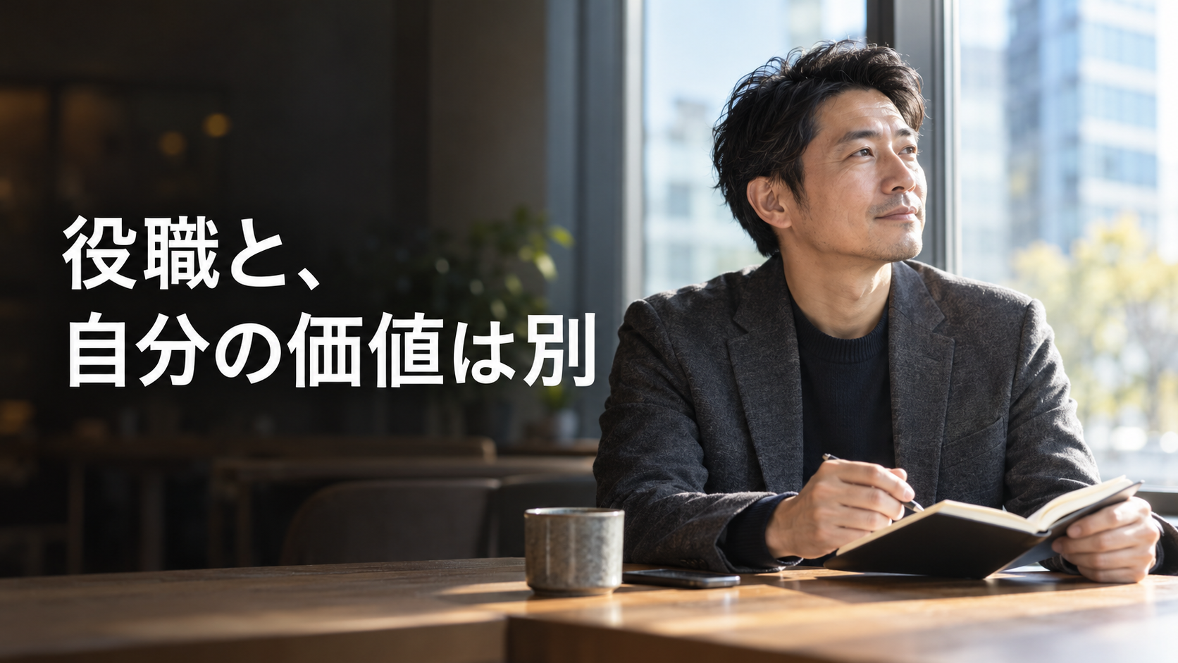 窓際のカフェでノートを開き、自分の働き方を静かに考える40代日本人会社員男性